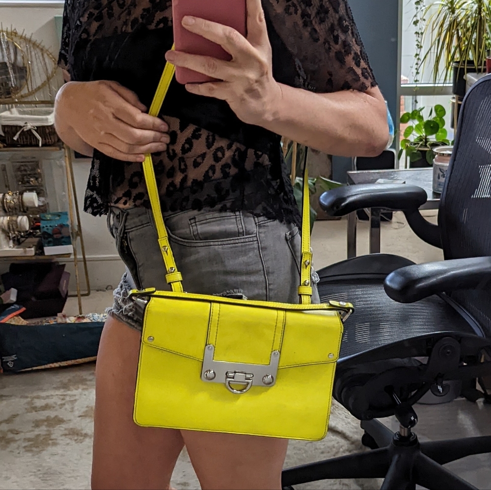 MILLY Neon Yellow Lime Leather Cross Body Luxe Buckle Bag - Picture 4 of 12